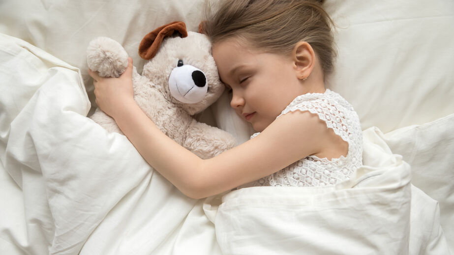 Above top view adorable slumber little girl embrace stuffed toy dog sleeping in comfortable bed with white fresh linens, closed eyes kid resting having daytime nap refreshment, bedtime ritual concept