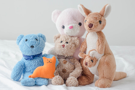 teddy bear surrounded by his stuffed animal friends